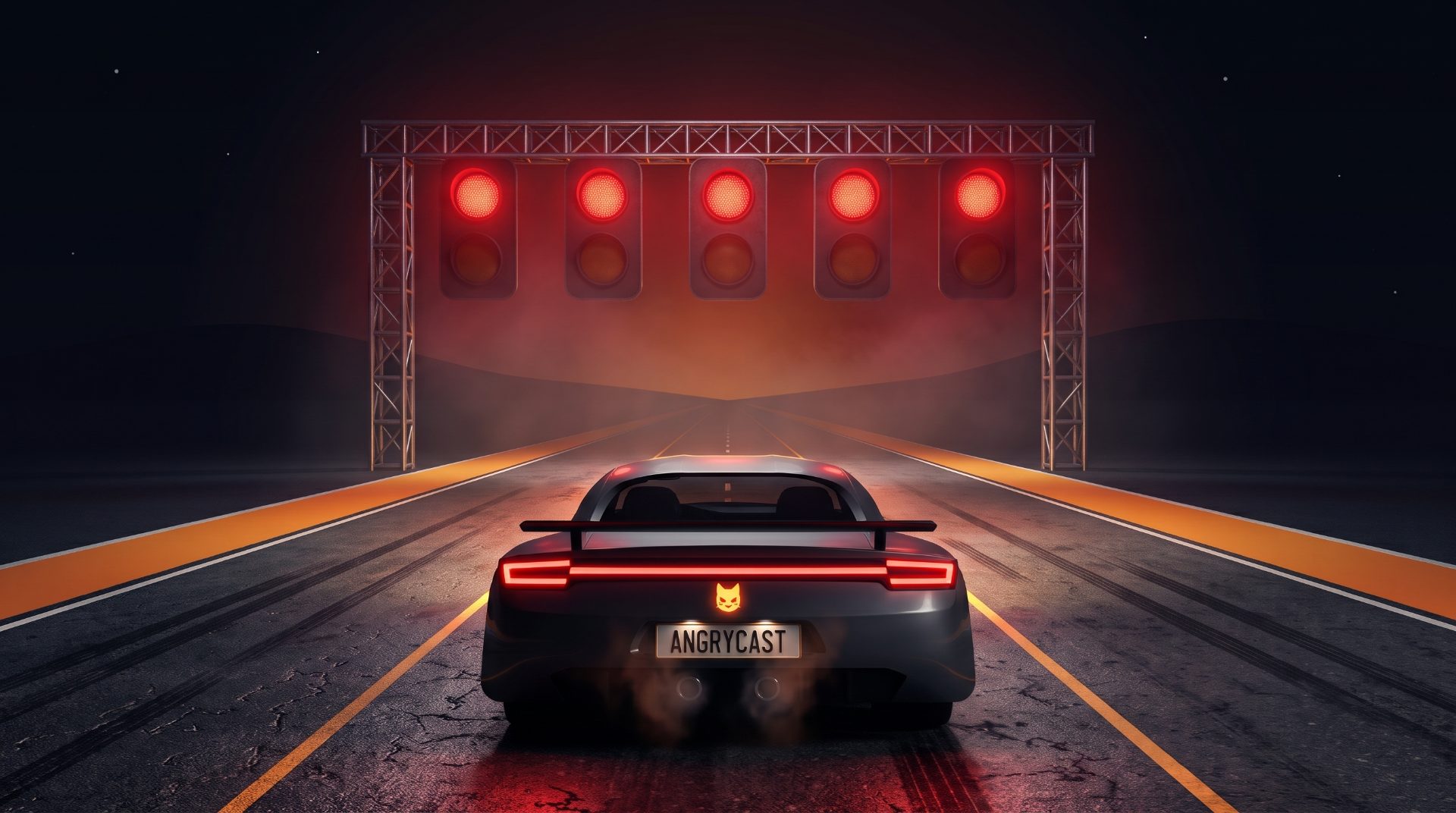 Carro esportivo na pista à noite, esperando o semáforo de largada